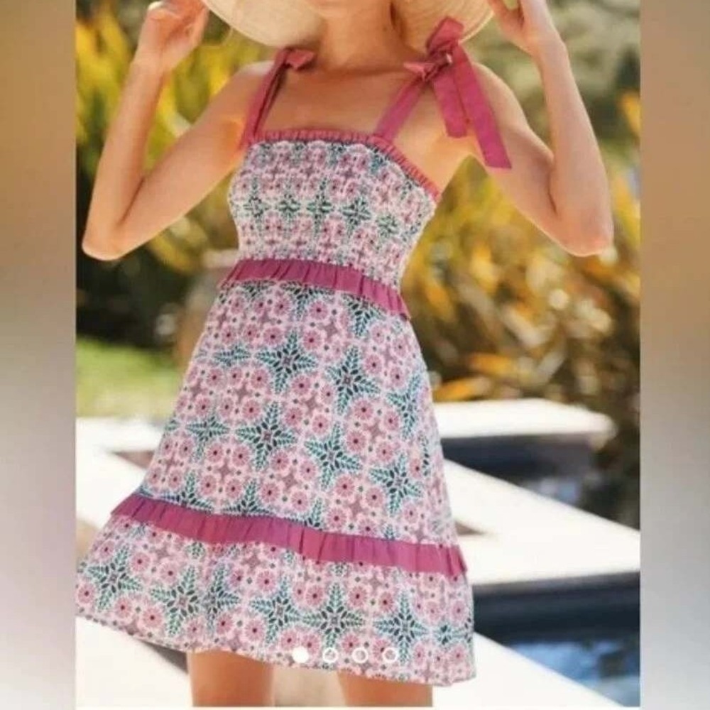 Anthropologie Joy Floral Linen Blend Tie Shoulder Smocked Ruffle Trim Dress Sz M